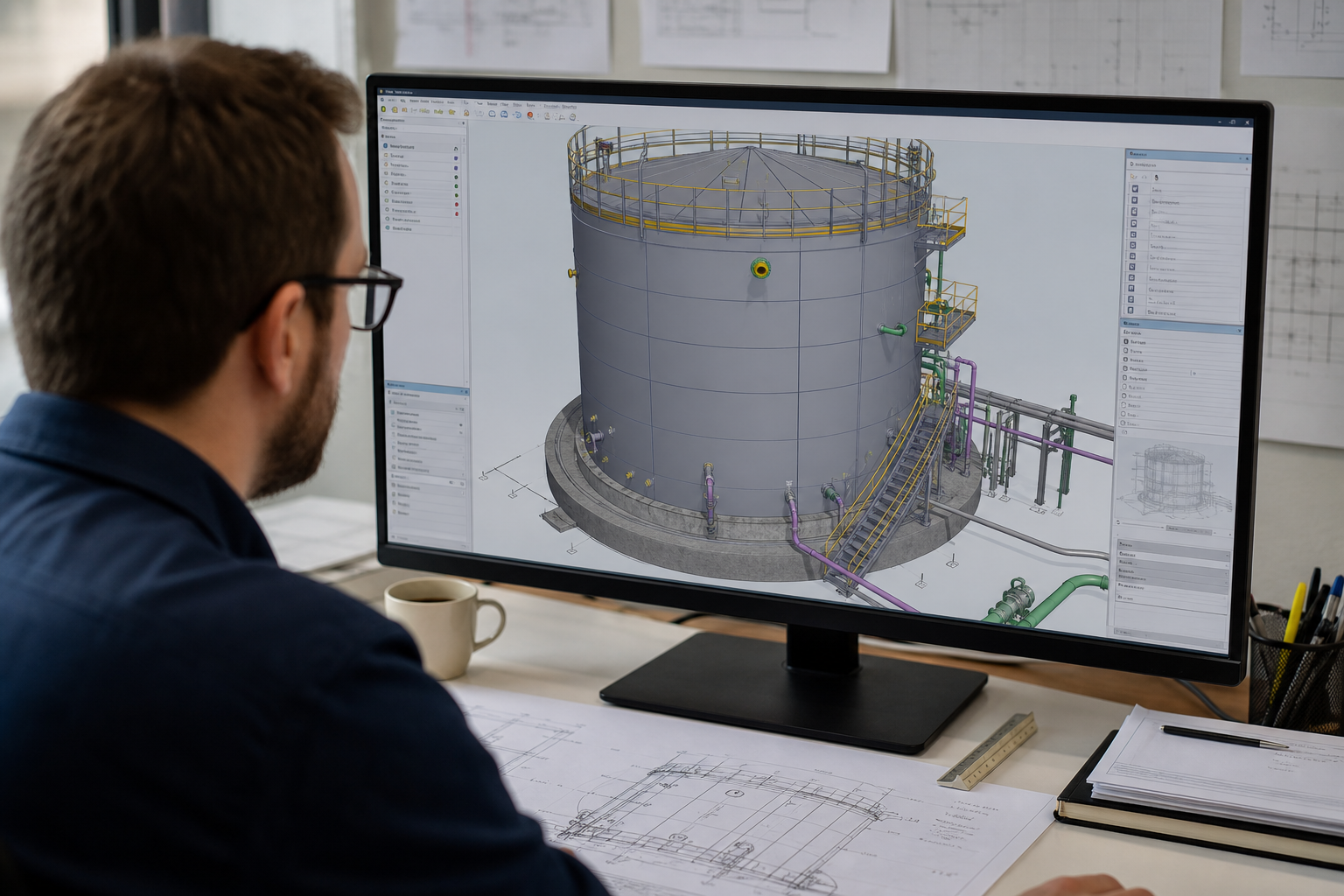 Инженер проверяет BIM-модель вертикального резервуара и подключаемых трубопроводов