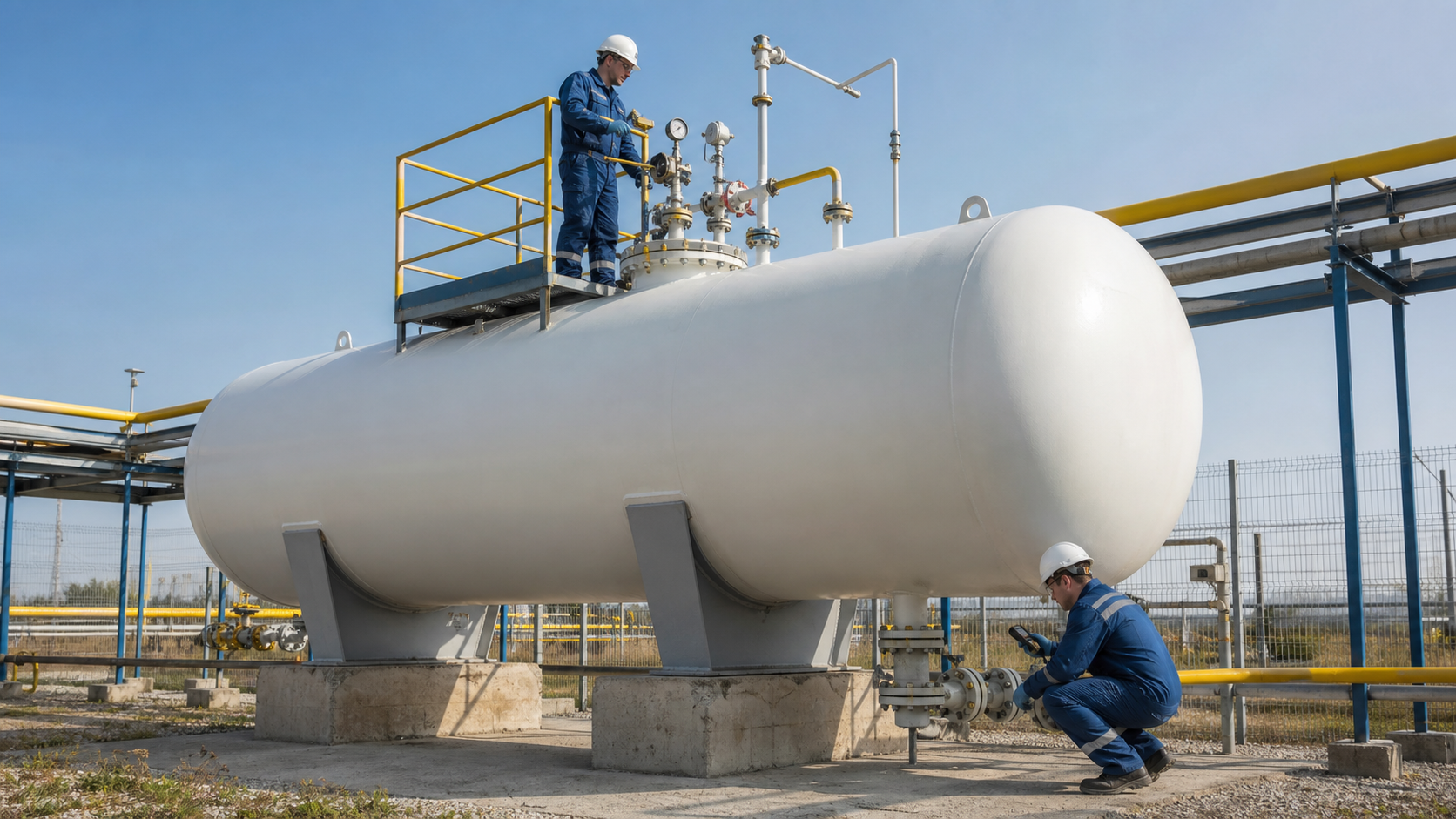 Операторы осматривают наземную емкость СУГ и проверяют арматуру газоанализатором