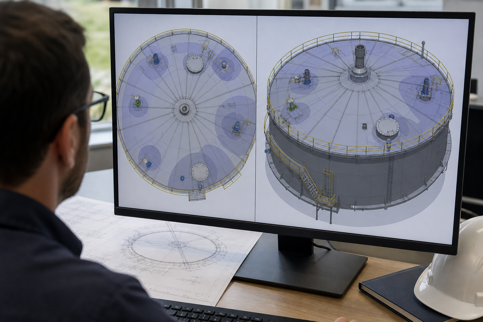 Инженер проверяет план и 3D-модель оборудования на крыше РВС
